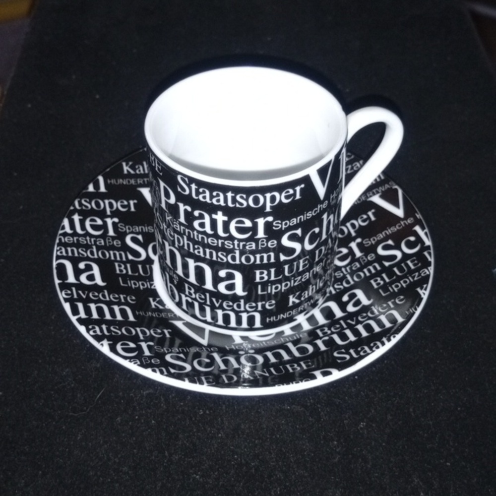 Demitasse Black and White Typography Mug and Saucer Set